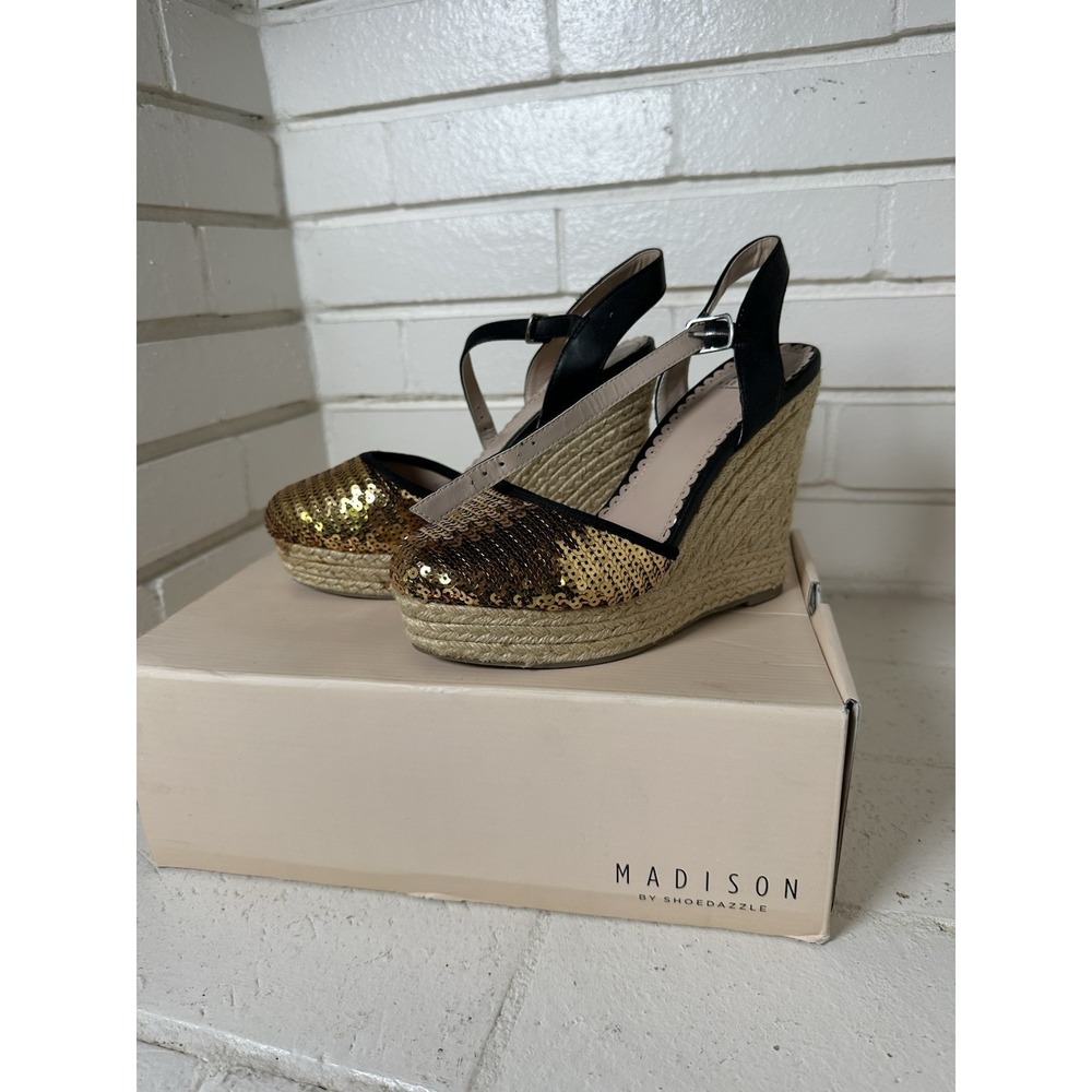 Madison 7 Gold‎ Sequin Espadrille Wedge Heels Ankle Strap Carrie Bradshaw Style